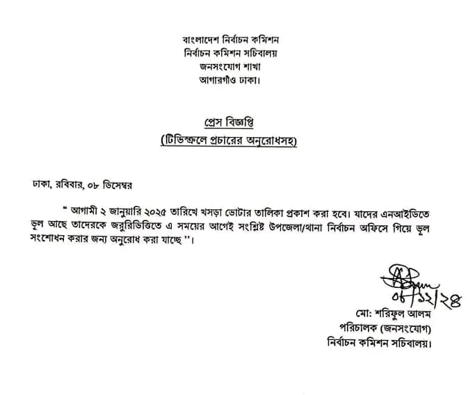 খসড়া ভোটার তালিকা প্রকাশ ২ জানুয়ারি ২০২৫